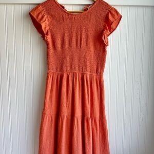 Orange Smocked Ruffle Sleeve Dress